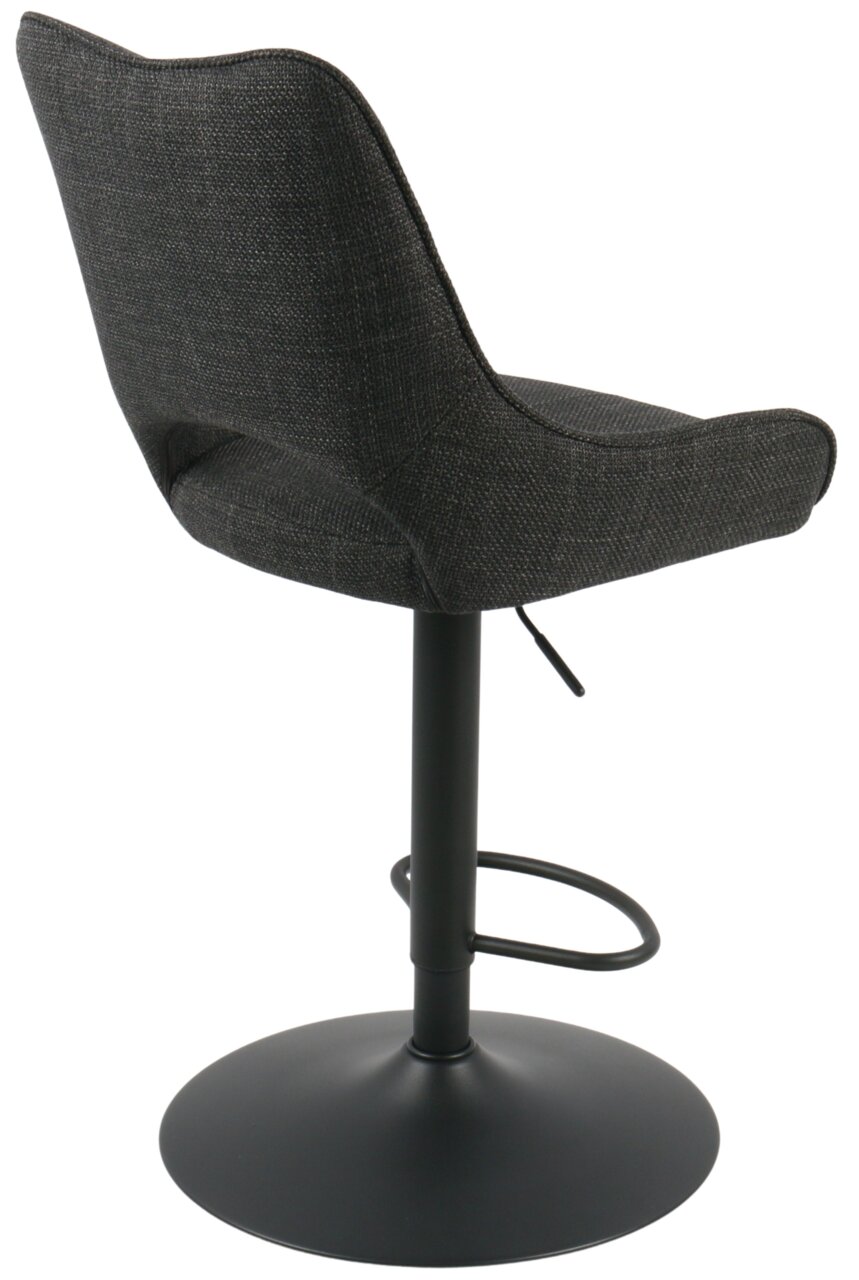 Rückansicht eines modernen Barhockers mit schwarzem Stoffbezug und schwarzem Metallfuß, Modell ROCKPORT.