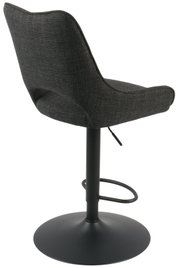 Rückansicht eines modernen Barhockers mit schwarzem Stoffbezug und schwarzem Metallfuß, Modell ROCKPORT.
