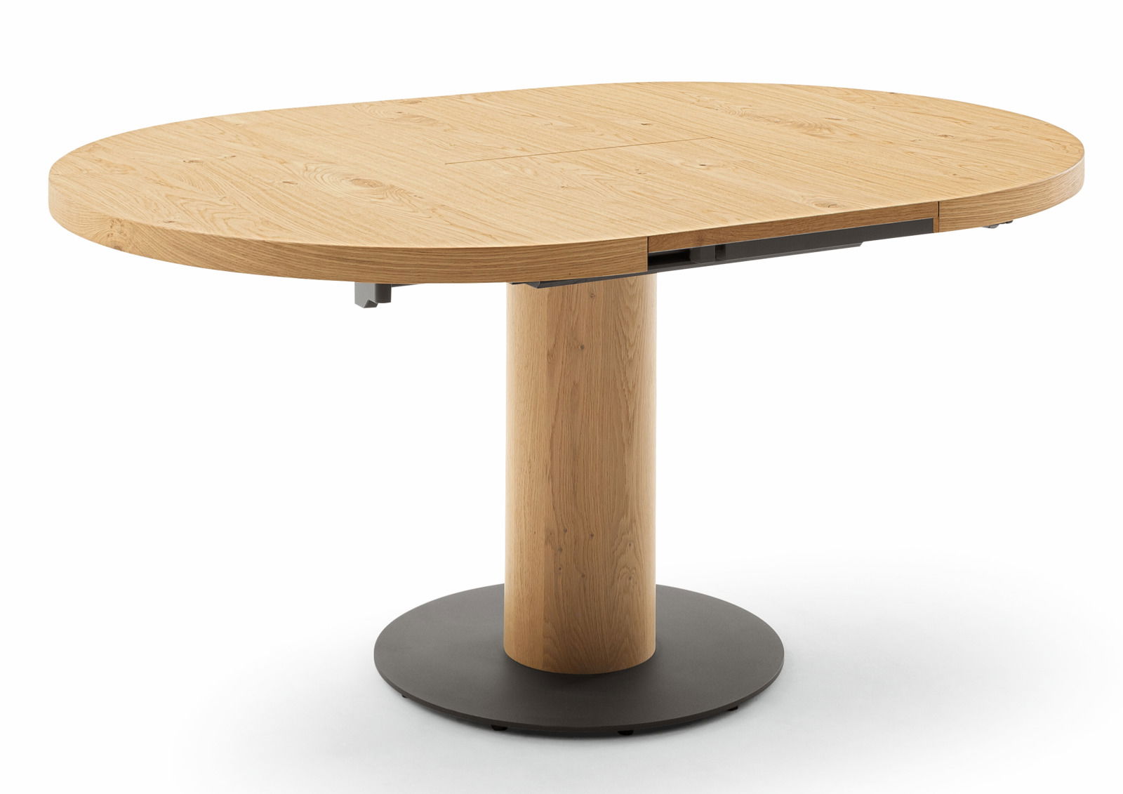 Runder Esstisch aus Holz mit einer zentralen Säule und einer runden Metallbasis, seitliche Perspektive