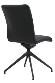 Rückansicht eines modernen schwarzen Stuhls mit vierbeinigem Metallgestell.