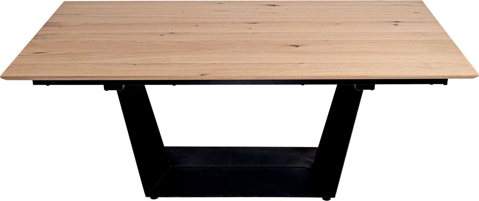 Moderne houten eettafel met zwart metalen onderstel, vooraanzicht