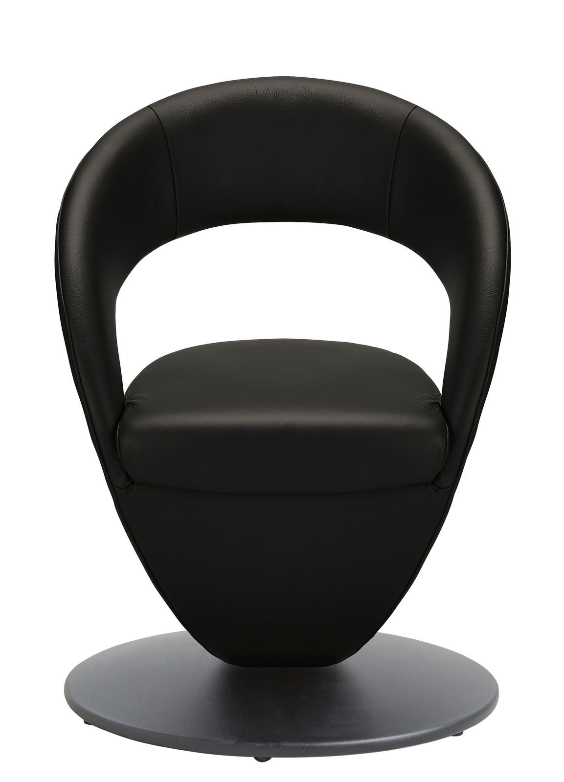 Moderner schwarzer Sessel mit runder Basis, Vorderansicht