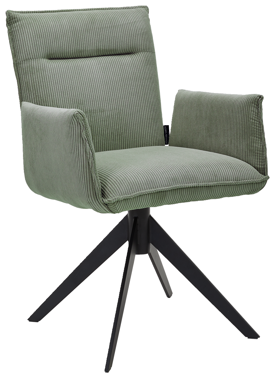 Johann Jakob Armlehnstuhl CALAS Grüner Armlehnstuhl mit geripptem Stoffbezug und schwarzem Metallgestell, seitliche Perspektive