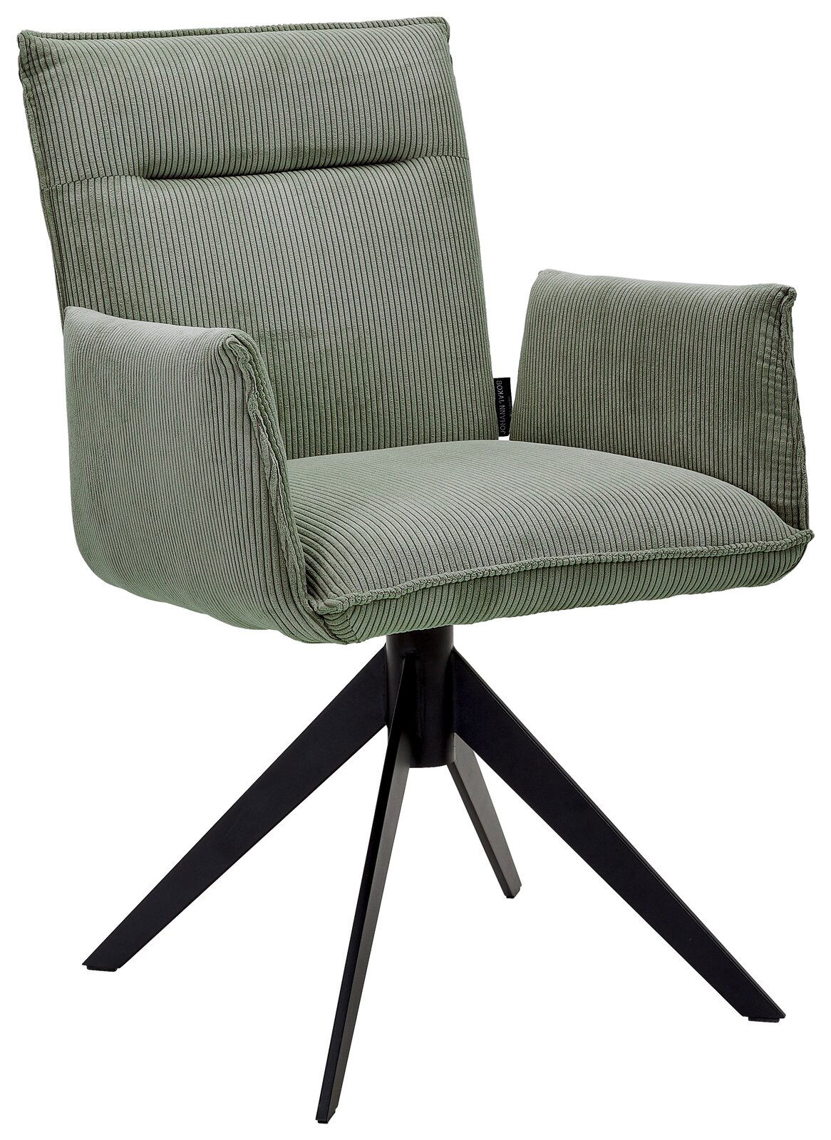 Johann Jakob Armlehnstuhl CALAS Grüner Armlehnstuhl mit geripptem Stoffbezug und schwarzem Metallgestell, seitliche Perspektive