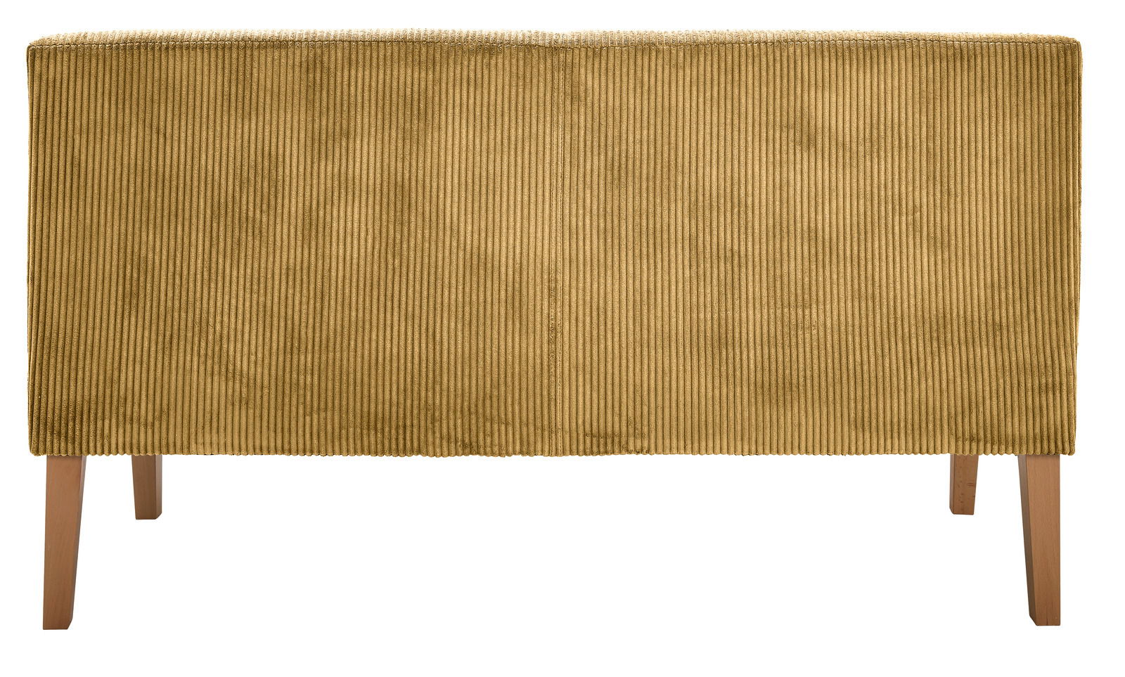 home24 Bank FLORA Rückansicht einer Sitzbank mit senfgelbem Cordbezug und Holzbeinen.