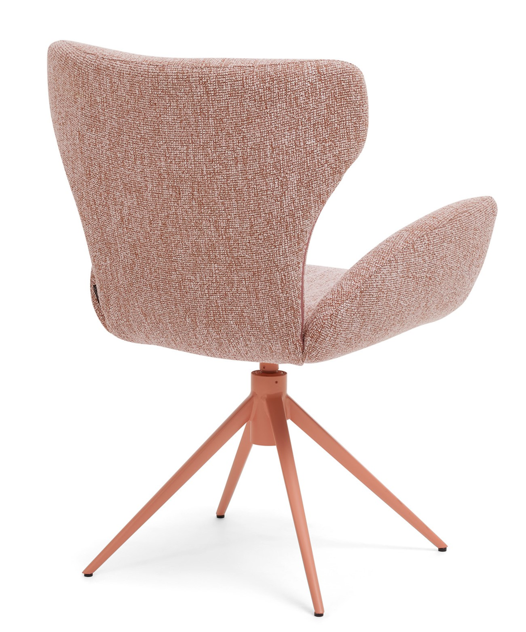 Rückansicht eines modernen Armlehnstuhls mit rosa Stoffbezug und vier kupferfarbenen Metallbeinen.