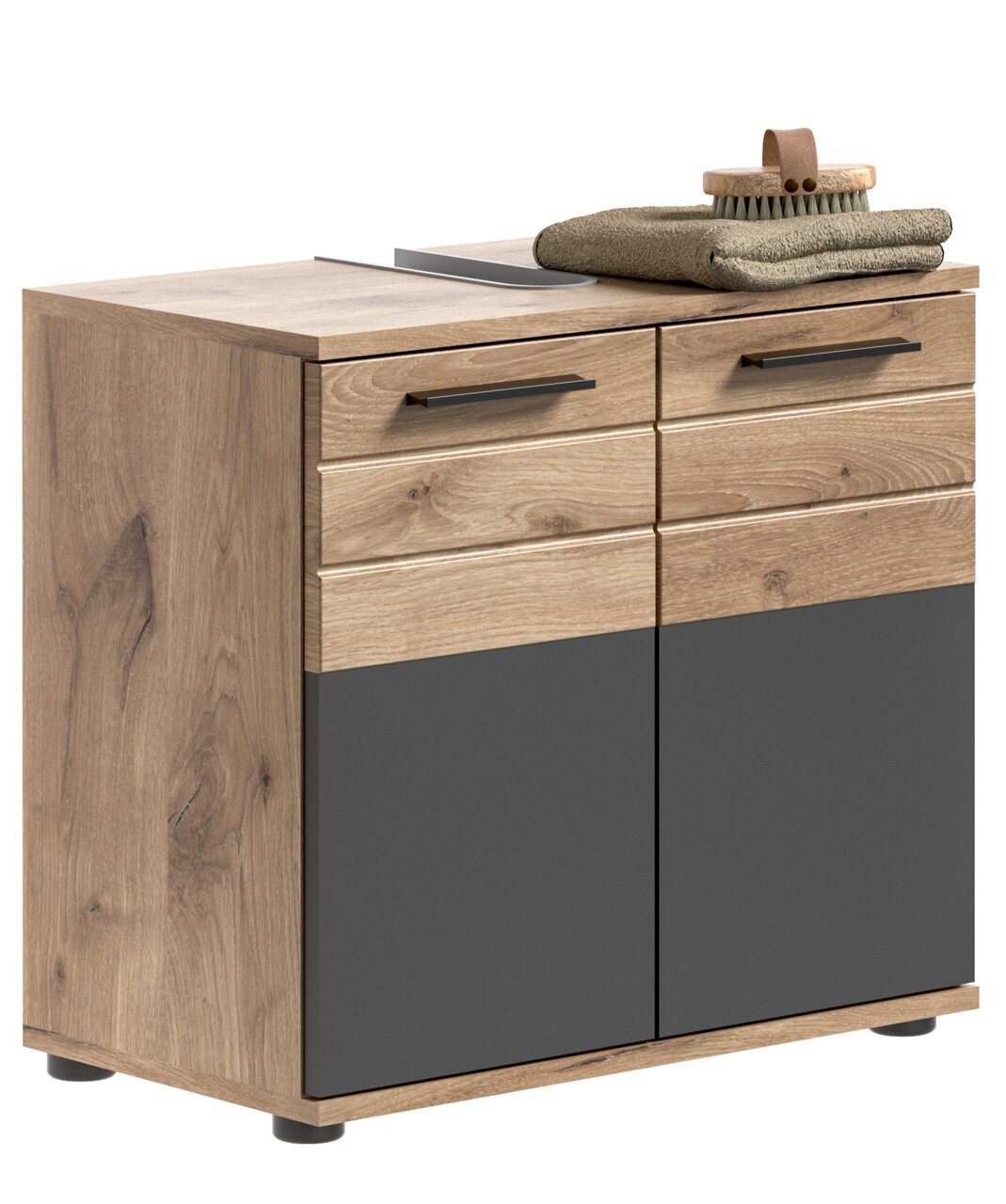 Moderner Waschtisch aus Holz mit zwei Schubladen und zwei Türen, seitliche Perspektive