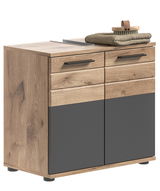Moderner Waschtisch aus Holz mit zwei Schubladen und zwei Türen, seitliche Perspektive