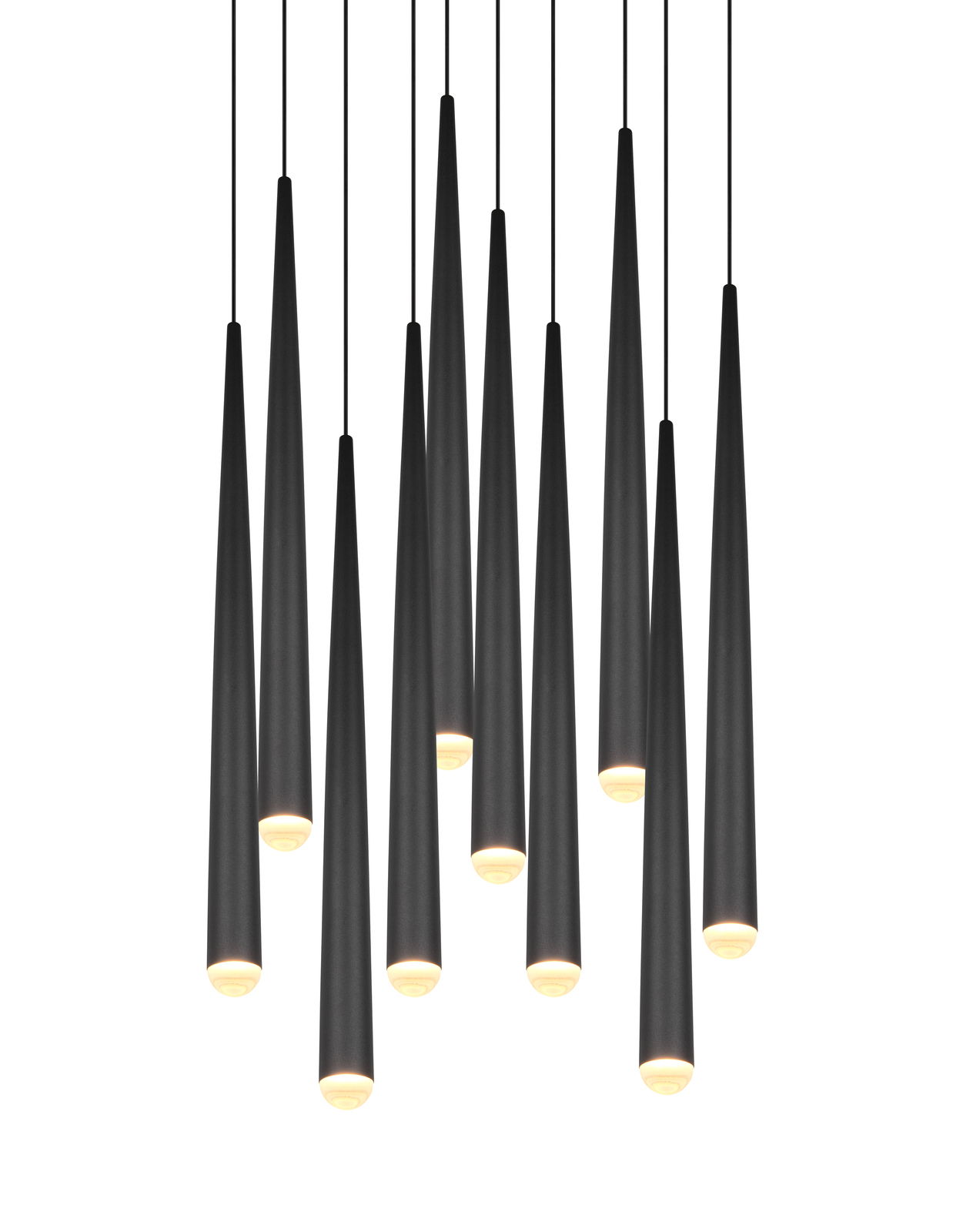Moderne schwarze Pendelleuchte mit mehreren zylindrischen Lampenschirmen, von unten betrachtet.