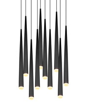 Moderne schwarze Pendelleuchte mit mehreren zylindrischen Lampenschirmen, von unten betrachtet.