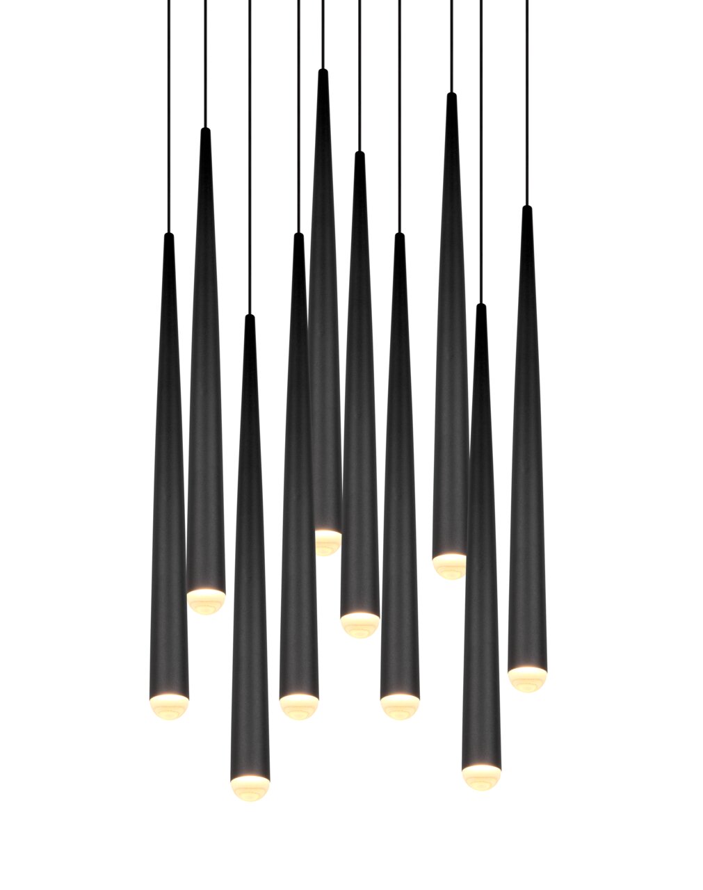 Moderne schwarze Pendelleuchte mit mehreren zylindrischen Lampenschirmen, von unten betrachtet.