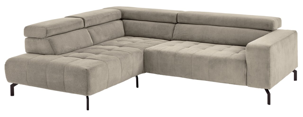 Beiges L-förmiges Ecksofa mit Cordbezug, gepolsterten Rückenlehnen und schwarzen Metallfüßen, Ansicht schräg von vorne.