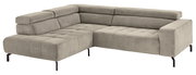 Beiges L-förmiges Ecksofa mit Cordbezug, gepolsterten Rückenlehnen und schwarzen Metallfüßen, Ansicht schräg von vorne.