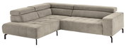 Beiges L-förmiges Ecksofa mit Cordbezug, gepolsterten Rückenlehnen und schwarzen Metallfüßen, Ansicht schräg von vorne.
