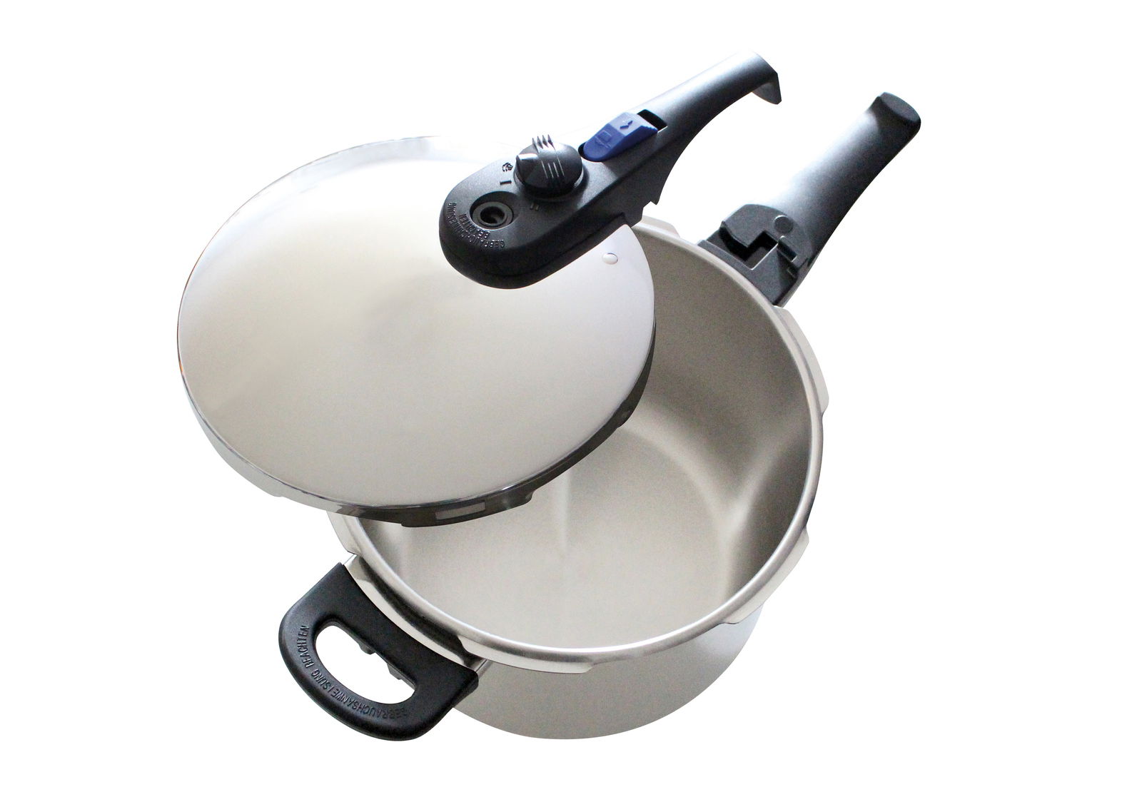Draufsicht auf einen geöffneten ELO Schnellkochtopf Praktika P mit abgenommenem Deckel und sichtbarem Innenraum.