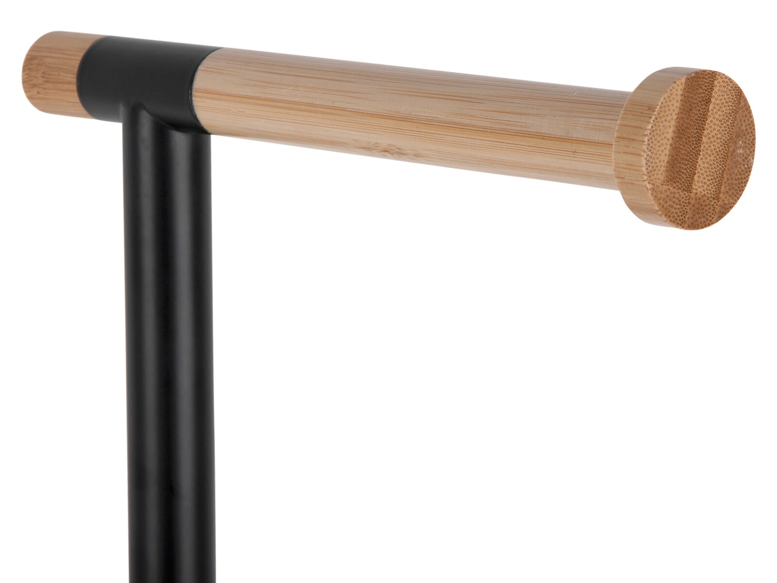 Moderner Toilettenrollenhalter aus Bambus und Metall, seitliche Perspektive