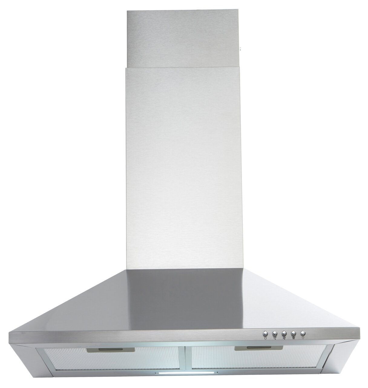 Edelstahl-Dunstabzugshaube in Frontalansicht mit Bedienelementen auf der rechten Seite
