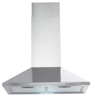 Edelstahl-Dunstabzugshaube in Frontalansicht mit Bedienelementen auf der rechten Seite