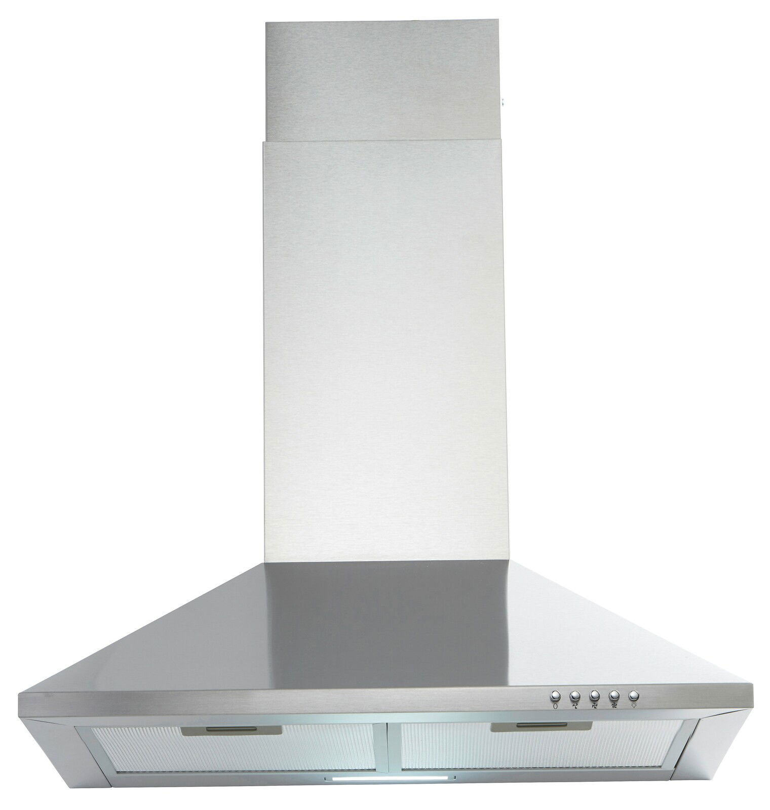 Edelstahl-Dunstabzugshaube in Frontalansicht mit Bedienelementen auf der rechten Seite