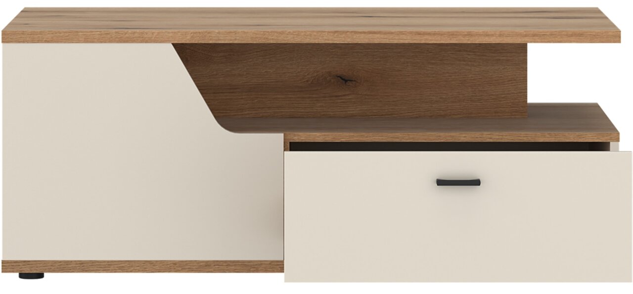 Moderner Couchtisch mit Holz- und Cremefarben, seitliche Perspektive