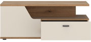Moderner Couchtisch mit Holz- und Cremefarben, seitliche Perspektive