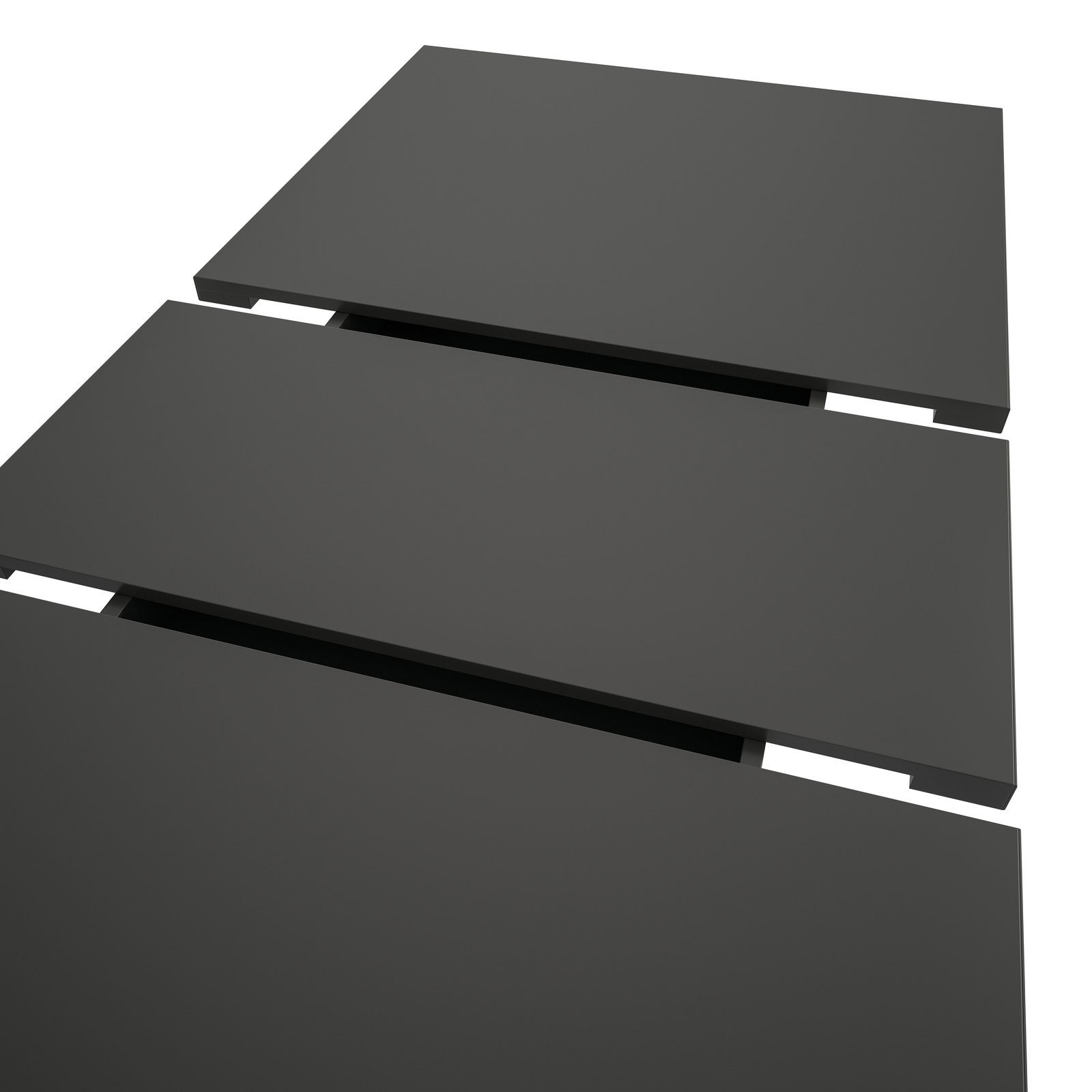 Moderner, schwarzer Esstisch aus der Vogelperspektive mit erweiterbarer Tischplatte.