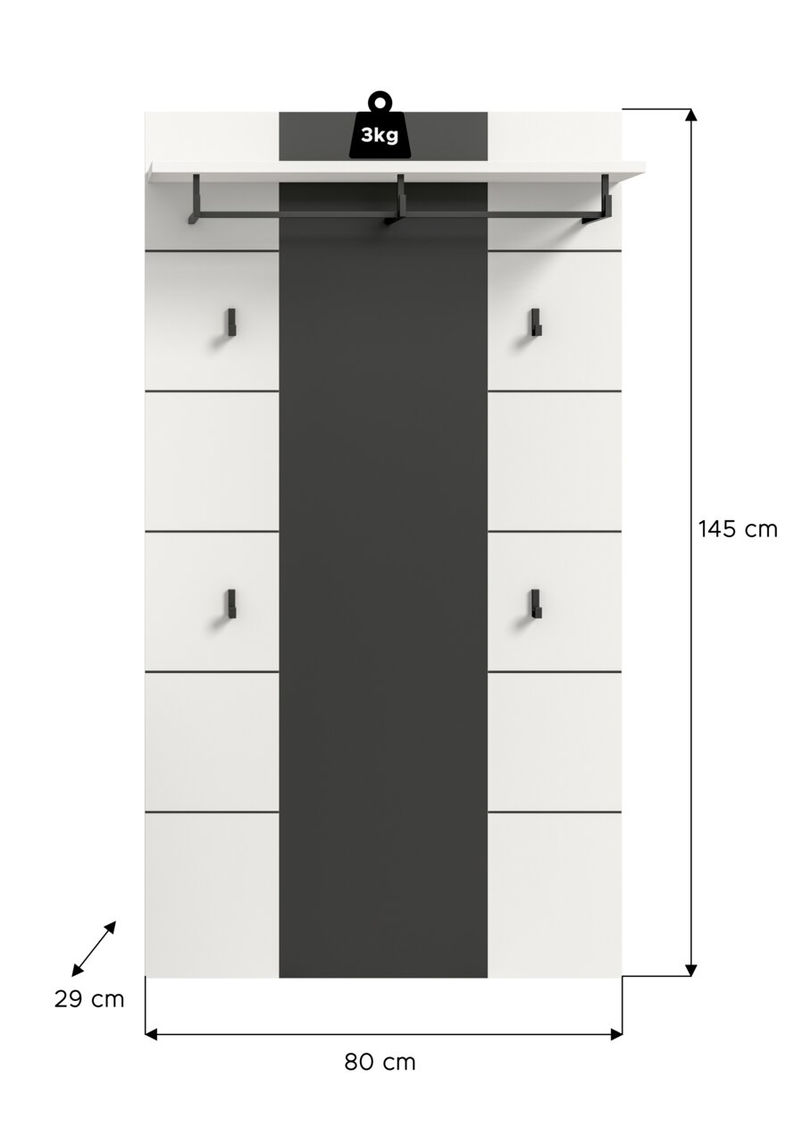 Wandgarderobe/Flurgarderobe in Weiß mit schwarzer Mittelblende, oben Ablage (max. 3 kg) und Kleiderstange mit Haken, Maße ca. 145 x 80 x 29 cm, Frontansicht.