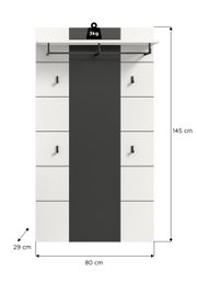 Wandgarderobe/Flurgarderobe in Weiß mit schwarzer Mittelblende, oben Ablage (max. 3 kg) und Kleiderstange mit Haken, Maße ca. 145 x 80 x 29 cm, Frontansicht.