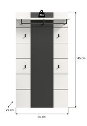 Wandgarderobe/Flurgarderobe in Weiß mit schwarzer Mittelblende, oben Ablage (max. 3 kg) und Kleiderstange mit Haken, Maße ca. 145 x 80 x 29 cm, Frontansicht.