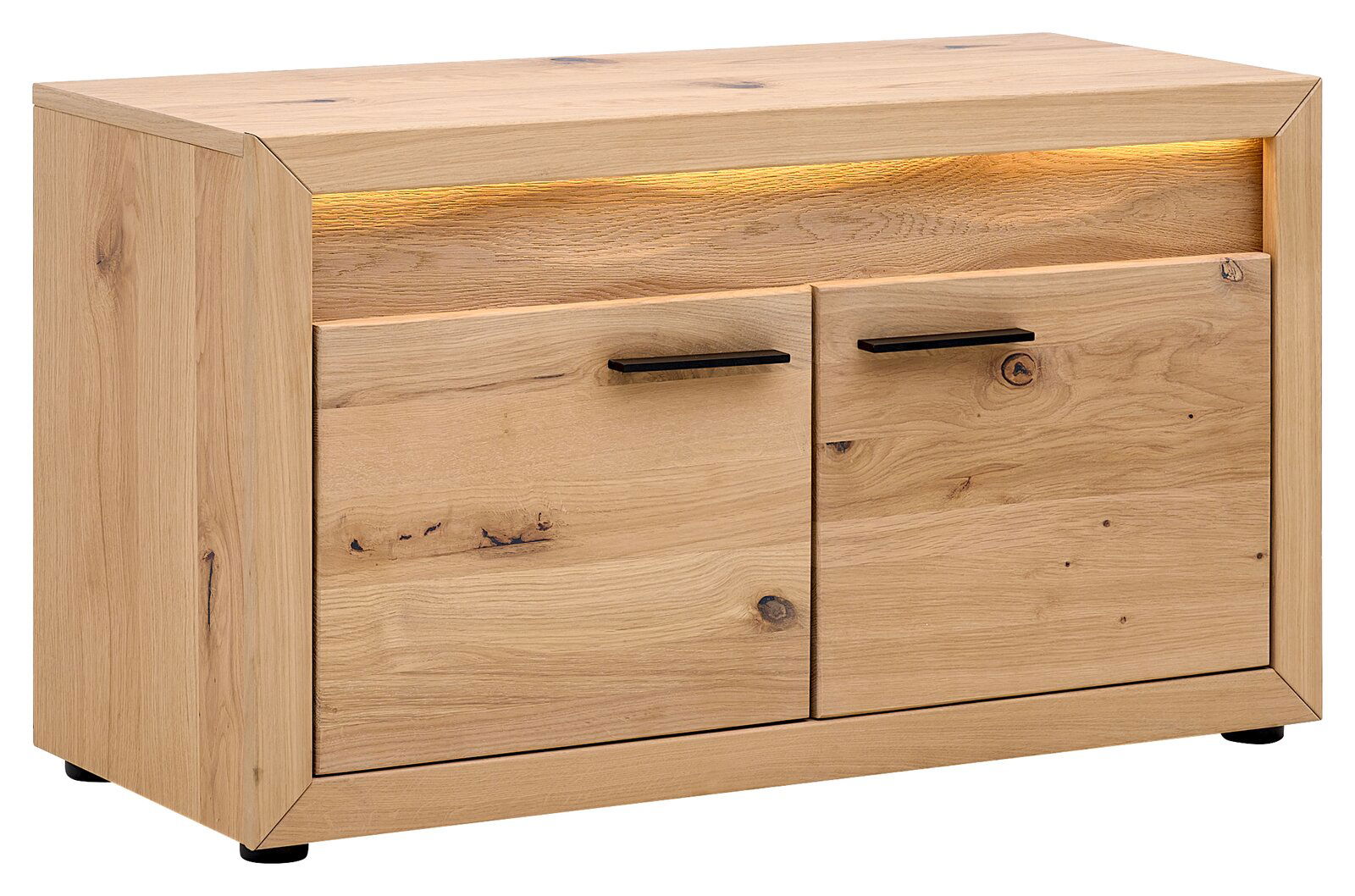 Linea Natura Garderobenbank CLEVELAND Garderobenbank aus Holz mit zwei Türen und schwarzen Griffen, seitliche Perspektive