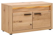 Garderobenbank aus Holz mit zwei Türen und schwarzen Griffen, seitliche Perspektive