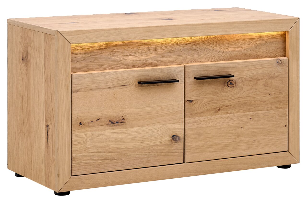 Garderobenbank aus Holz mit zwei Türen und schwarzen Griffen, seitliche Perspektive