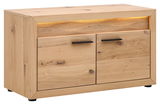 Garderobenbank aus Holz mit zwei Türen und schwarzen Griffen, seitliche Perspektive