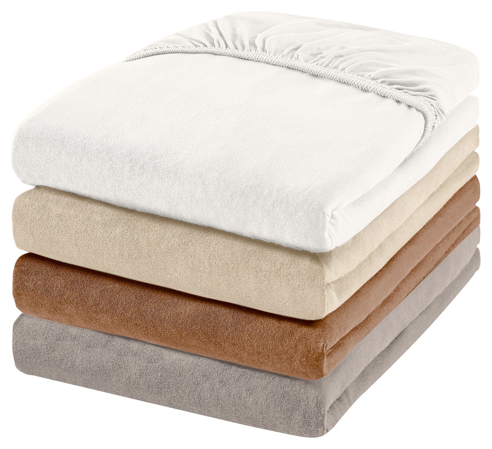 Stapel von vier Spannbetttüchern in verschiedenen Farben, von oben nach unten: Weiß, Beige, Braun und Grau, aus seitlicher Perspektive.