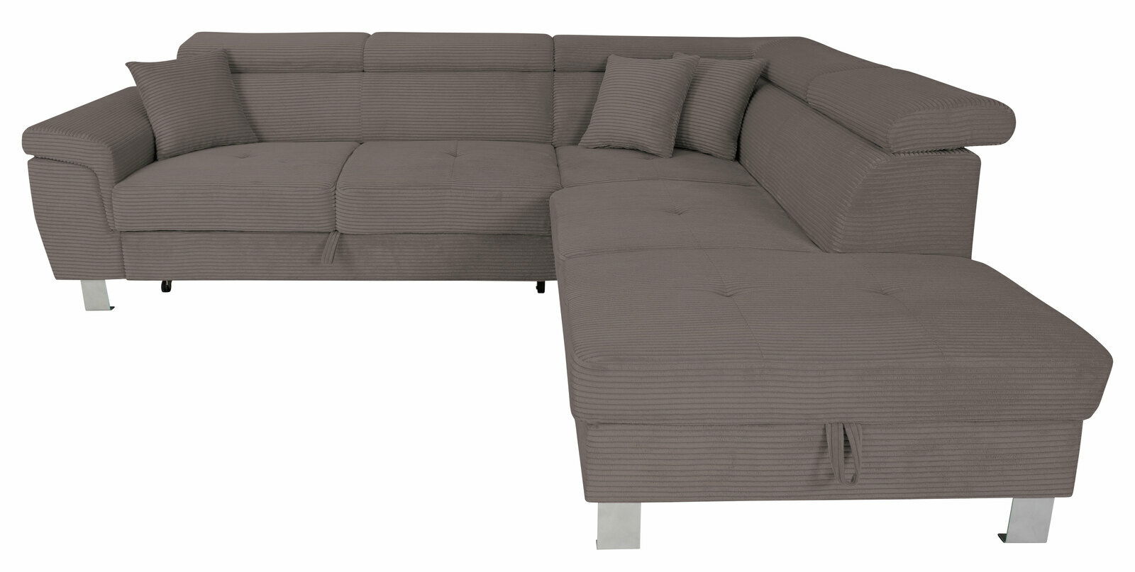 Ecksofa in Grau mit moderner, gerippter Textur und Metallfüßen, seitliche Perspektive