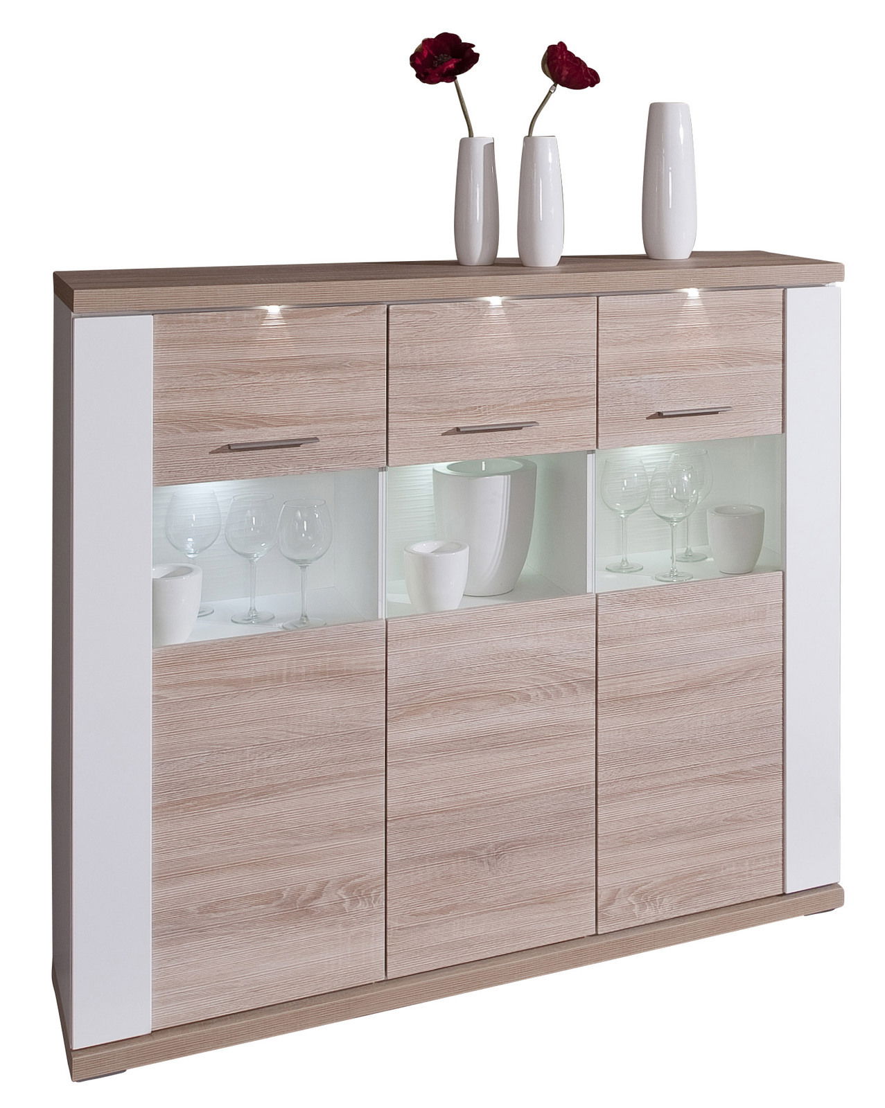 Modernes Highboard XORA MANHATTAN in Holzoptik mit weißen Akzenten, Glasvitrine und LED-Beleuchtung, frontale Ansicht