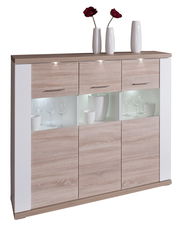 Modernes Highboard XORA MANHATTAN in Holzoptik mit weißen Akzenten, Glasvitrine und LED-Beleuchtung, frontale Ansicht