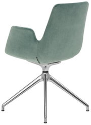 Rückansicht eines modernen Besucher-Drehsessels mit grünem Stoffbezug und verchromtem Metallfußgestell.