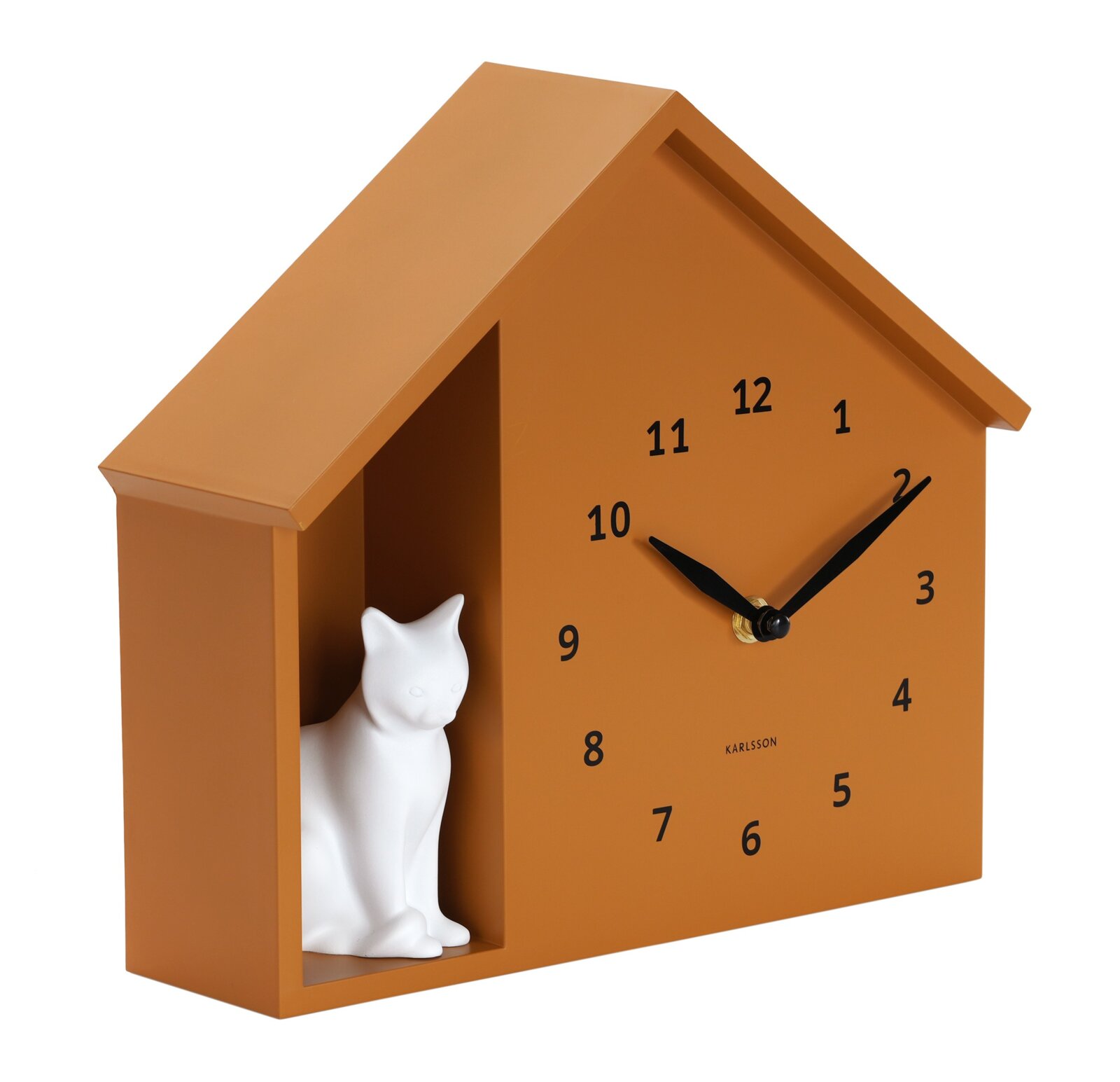 Wandklok in de vorm van een huis met een wit kattenfiguurtje, zijaanzicht