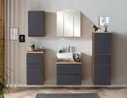 Moderner Hängeschrank in dunklem Grau mit Holzdetails, frontal im Badezimmer montiert.