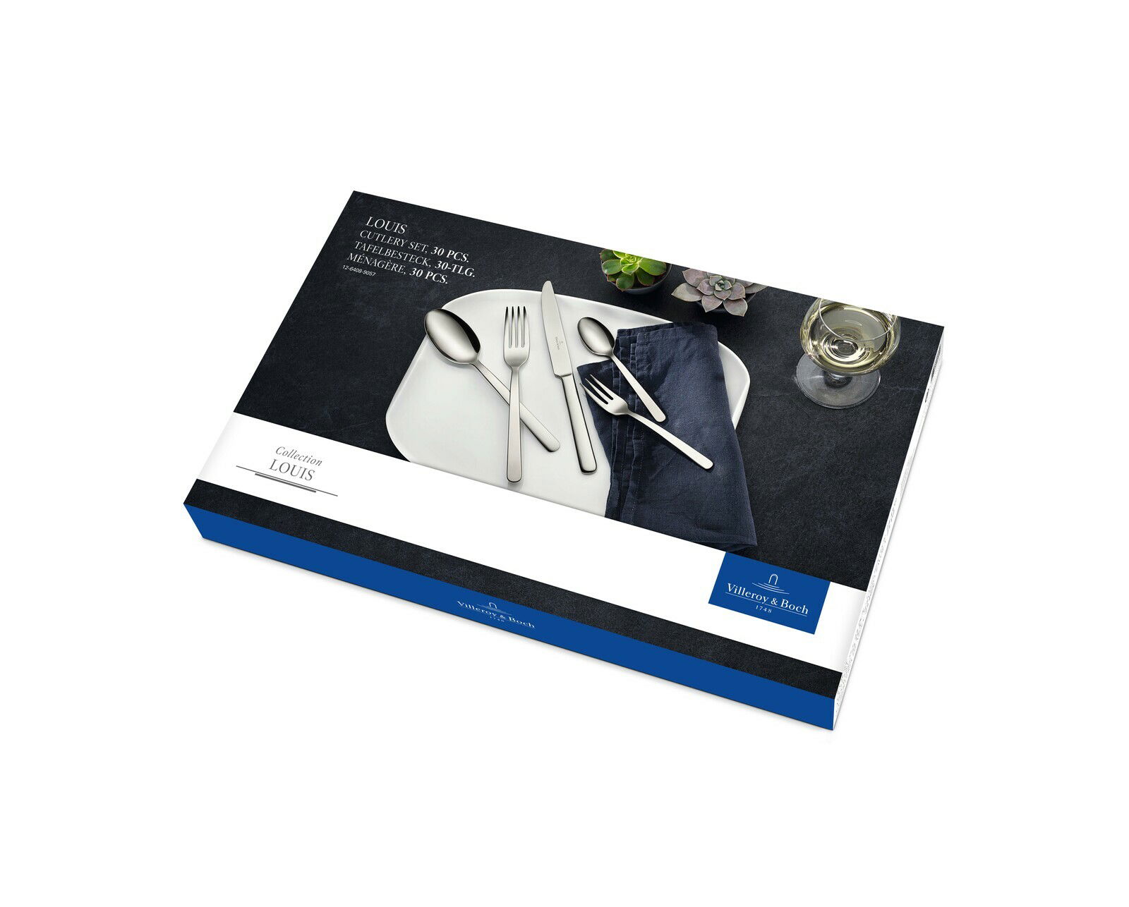 Verpackung des 30-teiligen Bestecksets Louis von Villeroy & Boch, mit Gabel, Messer und Löffel auf einem Teller, aus der Vogelperspektive.