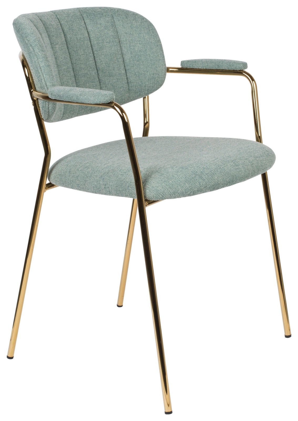 Z2 Armlehnstuhl JOLIEN Moderner Armlehnstuhl mit goldenen Metallbeinen und grünem Stoffbezug, seitliche Perspektive