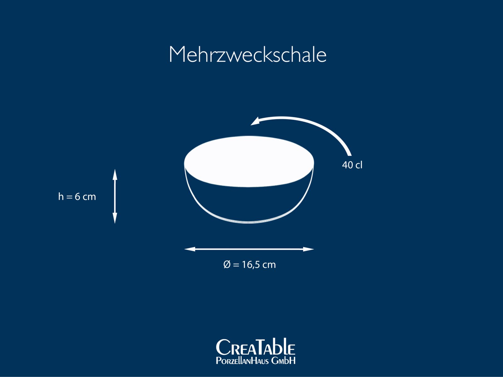Mehrzweckschale mit 40 cl Fassungsvermögen, Höhe 6 cm und Durchmesser 16,5 cm, dargestellt als grafische Produktansicht in leichter Draufsicht auf blauem Hintergrund.