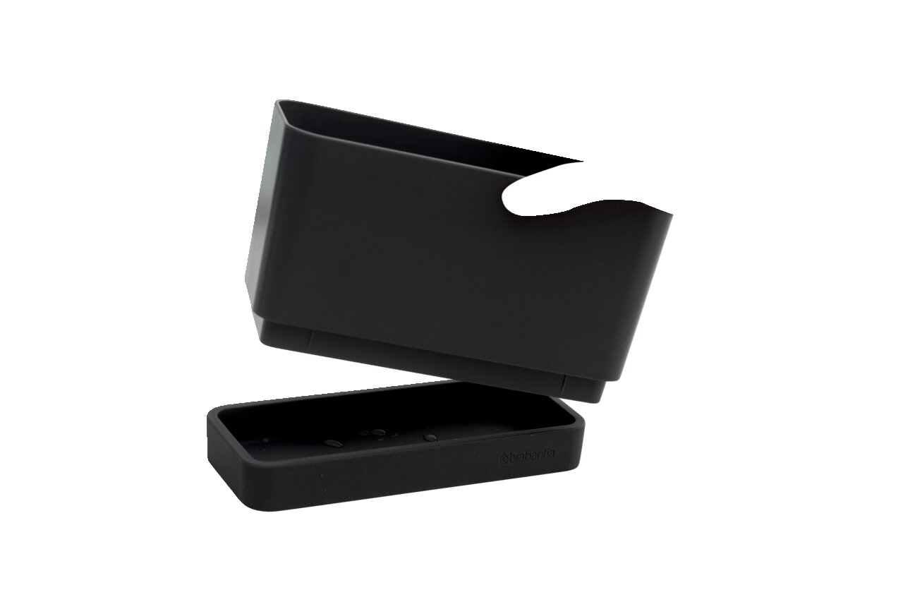 Schwarzer Brabantia Spül-Organizer SINKSIDE, seitliche Perspektive, bestehend aus einem Behälter und einer Abtropfschale.