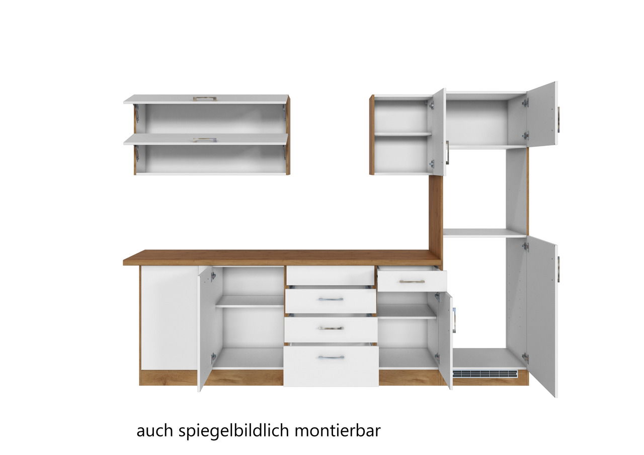 Frontale Ansicht einer Eck-Küchenzeile mit weißen Schränken und Holzarbeitsplatte, Türen und Schubladen geöffnet.