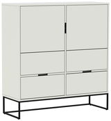 Modernes Highboard in hellem Design mit schwarzem Metallgestell, frontale Perspektive