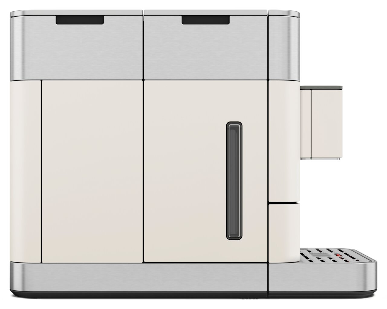 Seitenansicht eines modernen Kaffeevollautomaten in elegantem Design mit Edelstahlakzenten.