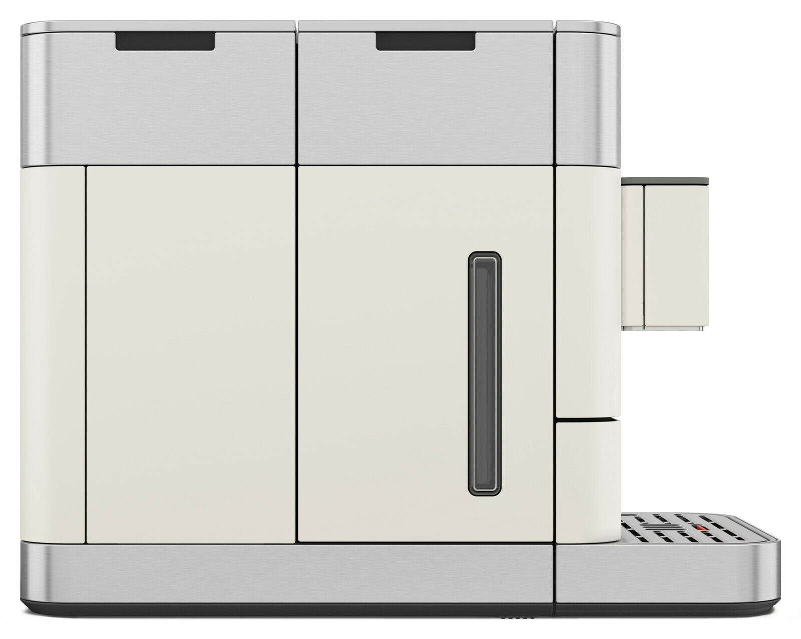 Seitenansicht eines modernen Kaffeevollautomaten in elegantem Design mit Edelstahlakzenten.