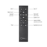 Fernbedienung für LED-Pendelleuchte mit verschiedenen Funktionen wie An/Aus, Helligkeitseinstellung, Farbtemperaturwahl zwischen Kaltweiß und Warmweiß, separater Schaltung, Timer und Nachtlicht. Vorderansicht.