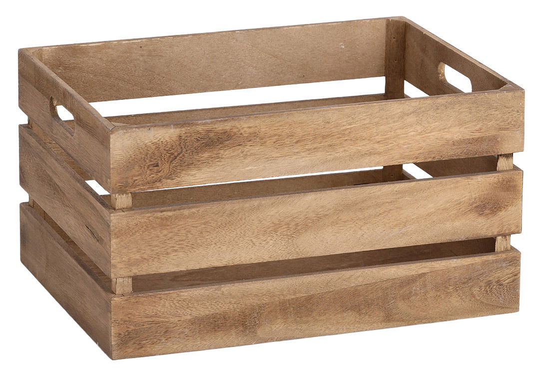 Holz-Aufbewahrungskiste mit offenen Seiten, seitliche Perspektive